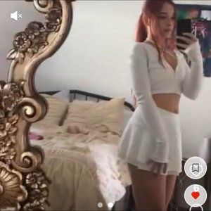 Women's Blue Long Sleeve Bikini Double Layered Mini Skirt V-Neck Crop-top